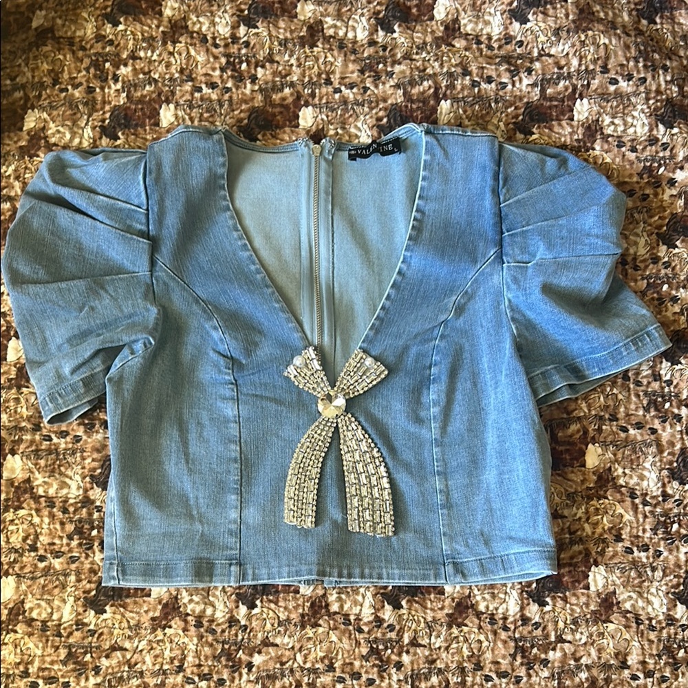 Stylish Blue Denim Top with Bow Detail